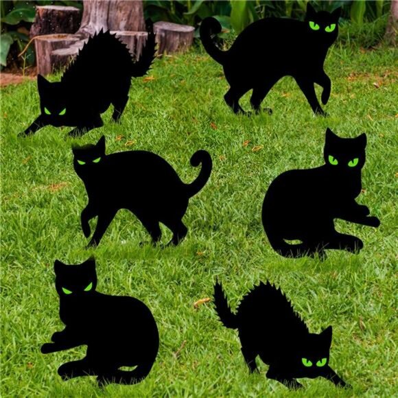 Halloween Black Cat Yard Decorations Glow in Dark Eyes Outdoor Scary Party Decor - Picture 1 of 8